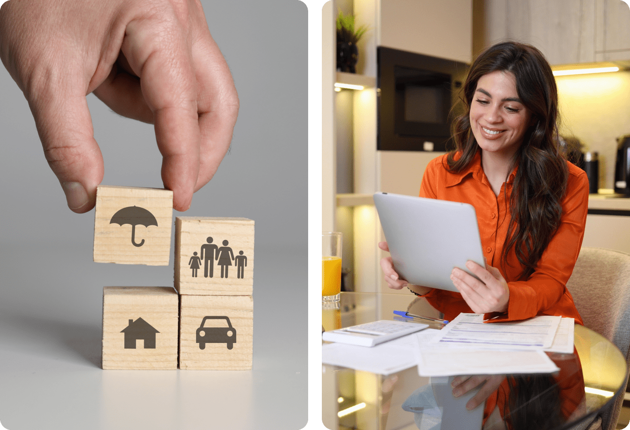 Hand stacking blocks, woman using tablet.