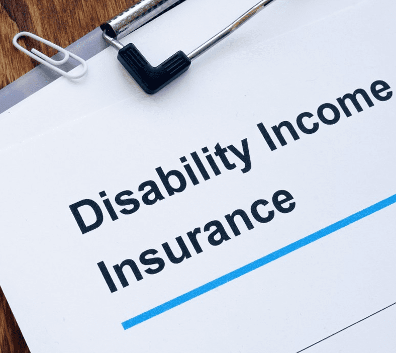 Disability income insurance document on clipboard.