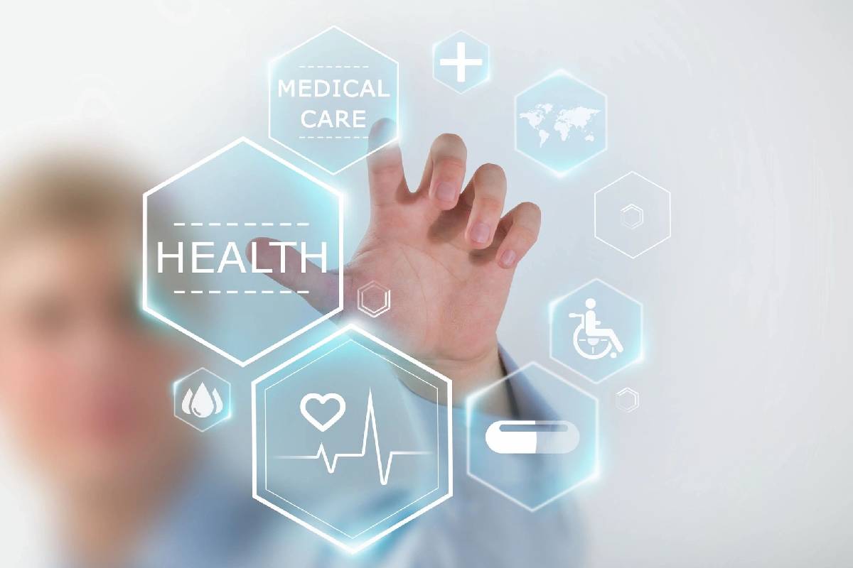 Person interacting with virtual healthcare interface.